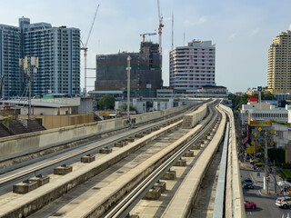 BKK BTS Bangkok Mass Transit System Sky train which is an elevated tram over the busy streets oh BKK Thailand 