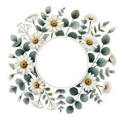 Fototapeta premium minimalist watercolor-style round frames with daisies and eucalyptus leaves