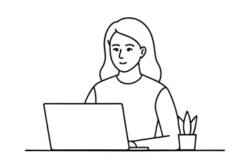 Woman using laptop computer, Vector drawing of woman with laptop continuous line art