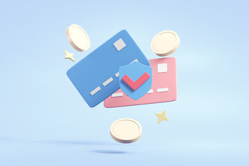 3D Render of Credit Card, Shield, Check Mark, and Coins - Secure Payment and Financial Safety Concept