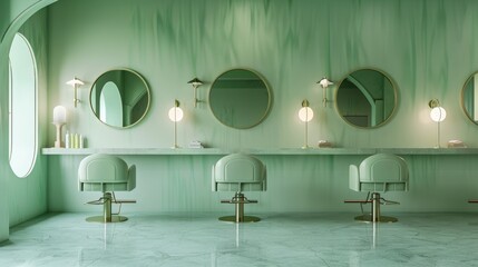 Retro hair salon with pastel green walls, circular mirrors, and stylish seating, isolated background, raw finish, detailed design