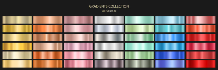 A set of metallic glossy gradients. The texture of a smooth metal surface. A collection of multicolored metallic gradients. Vector illustration.