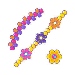 Vibrant cartoon illustration of colorful beaded bracelets and a flower charm, y2k aesthetic, perfect for retro-themed designs, playful decor, and nostalgic graphics.