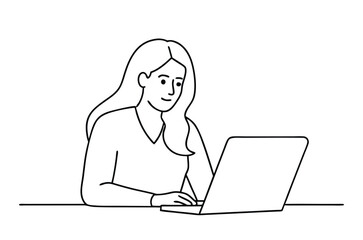 Woman using laptop computer, Vector drawing of woman with laptop continuous line art