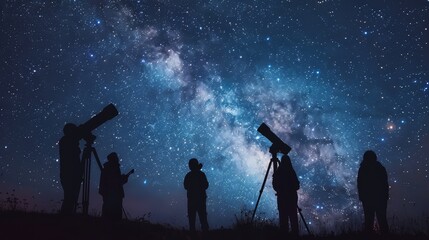 Fototapeta premium Silhouetted scientists observing the starry night sky with telescopes, the Milky Way prominent, creating an atmospheric and raw scene