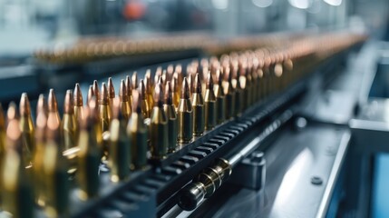 Brass bullets moving on a factory assembly line