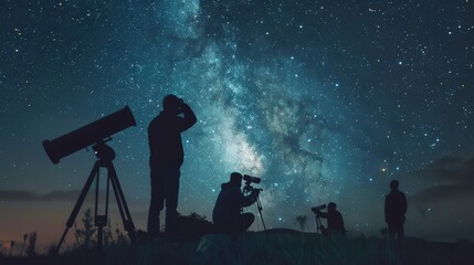 Fototapeta premium Silhouetted scientists observing the starry night sky with telescopes, the Milky Way prominent, creating an atmospheric and raw scene