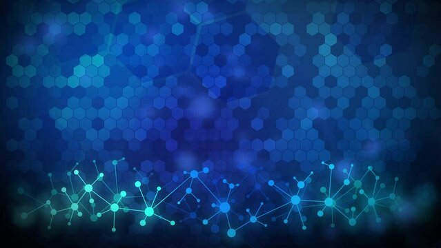 Dark hexagon abstract technology or science loop background. Hi tech blue glow molecule grid. Loop animation. Copy space.