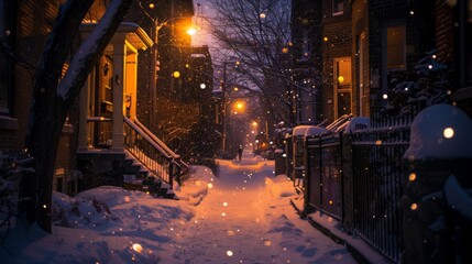 Obraz premium Snow-blanketed alleyway illuminated by a street lamp, dark and quiet night, raw style capturing the serene snowfall