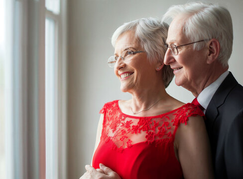 Coppia felice di uomini anziani abbracciati vicini alla finestra, uomo e donna, che si amano e sorridono. Vicini, lei con abito rosso e lui abito elegante.