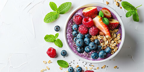 Flat lay of a corolful acai bowl topped with fruit