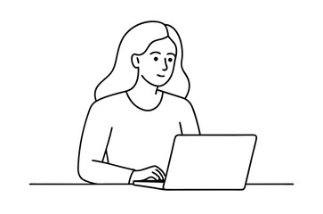 Woman using laptop computer, Vector drawing of woman with laptop continuous line art