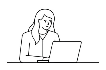 Woman using laptop computer, Vector drawing of woman with laptop continuous line art