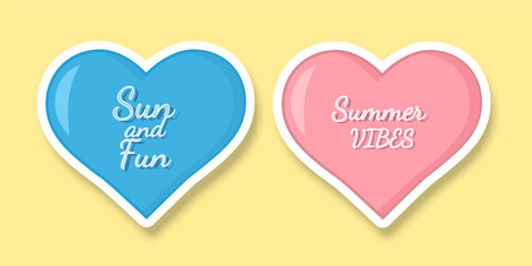 Hearts with summer inscriptions on a yellow background. Sticker of colored hearts with a shadow. Cartoon retro style. Vector illustration.