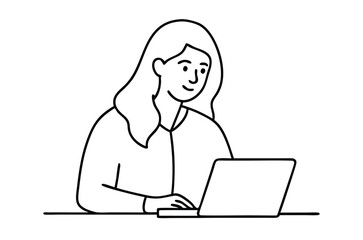 Woman using laptop computer, Vector drawing of woman with laptop continuous line art