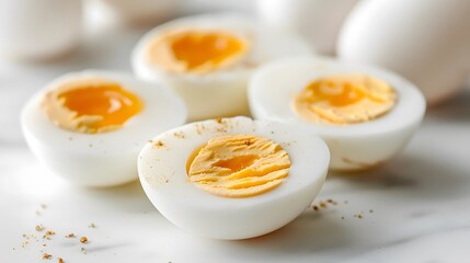 A photo of several hardboiled eggs, cut in half and placed on white background. The egg yolk is visible inside the shell.