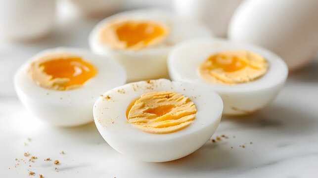 A photo of several hardboiled eggs, cut in half and placed on white background. The egg yolk is visible inside the shell.