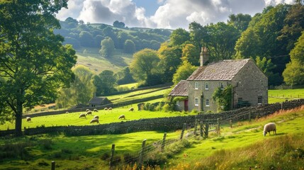 Obraz premium A peaceful countryside scene with green fields, grazing sheep, and a rustic farmhouse. 