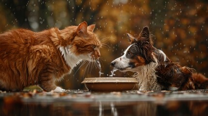 A red cat and border collie dog drinking water from the same bowl together, with raindrops falling on them in an outdoor background.
