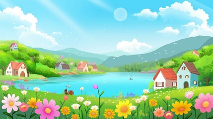 Fototapeta premium Small village with flowers by the beautiful lake, vector illustration style