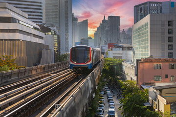 BKK BTS Bangkok Mass Transit System Sky train which is an elevated tram over the busy streets oh BKK Thailand 