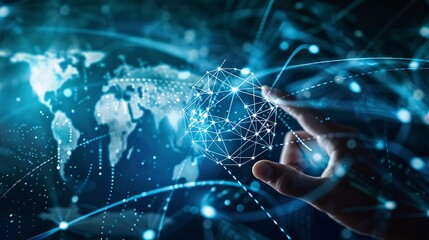 A hand touches telecommunication network and wireless mobile internet technology, emphasizing 5G LTE data connections crucial for global business, fintech, and blockchain applications.