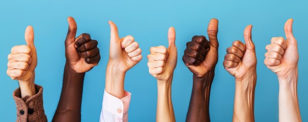 Fototapeta premium A group of people are giving thumbs up to each other. The thumbs are of different colors, indicating that the people are of different races. Free copy space for text.