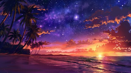 Beautiful sunset on the beach with palm trees against a starry sky