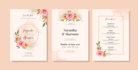 Beautiful wedding invitation template with flower watercolor