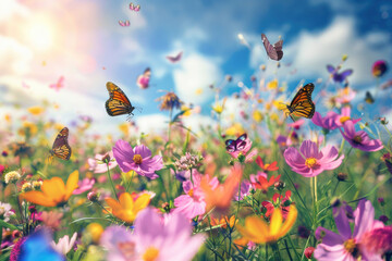 Obraz premium A field of wildflowers teeming with butterflies under a sunny sky
