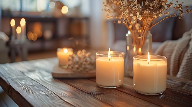 A warm and inviting living room with candles on the coffee table, creating an atmosphere of relaxation and comfort. A vase filled with dried flowers stands adding to the homey ambiance.