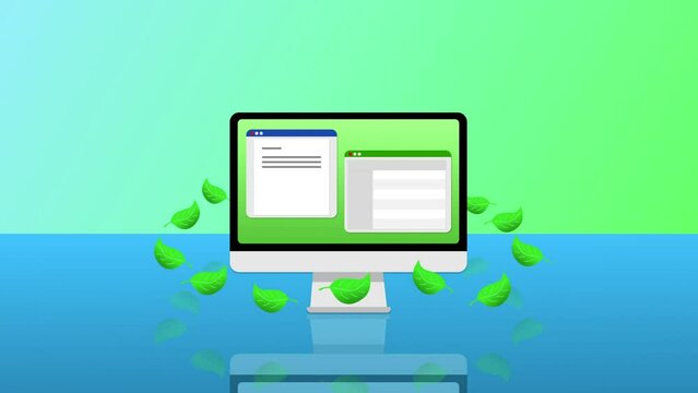 Un ordinateur vert entour&eacute; de feuilles pour repr&eacute;senter l'&eacute;cologie dans le cadre de la RSE