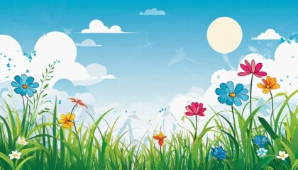 blooming meadow in summer. summer time. hills and blue sky illustration. Generative aio