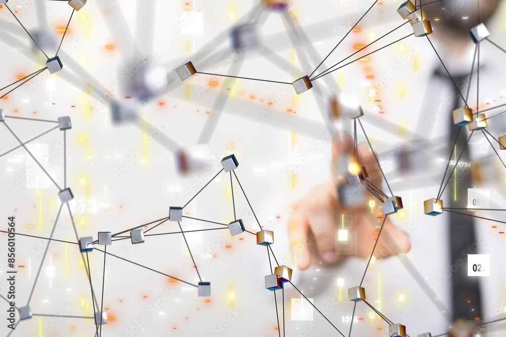 Poster Neural network 3D illustration. Big data and cybersecurity