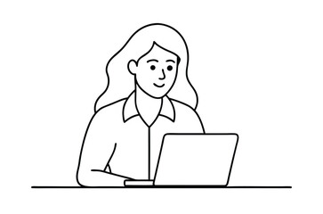 Woman using laptop computer, Vector drawing of woman with laptop continuous line art