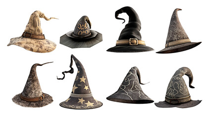 Isolated collection of witch hat with different designs for Halloween or game asset. Eccentric collection of witch hats for sorcery themes.