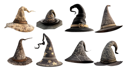 Isolated collection of witch hat with different designs for Halloween or game asset. Eccentric collection of witch hats for sorcery themes.