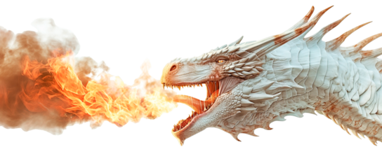 Mythical white dragon head emitting fire in profile view isolated on transparent background. Perfect for game asset.