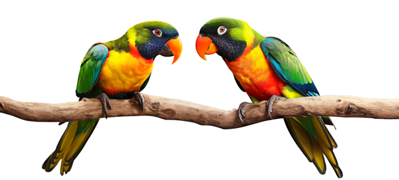 A pair of colorful tropical parrots on a tree limb.