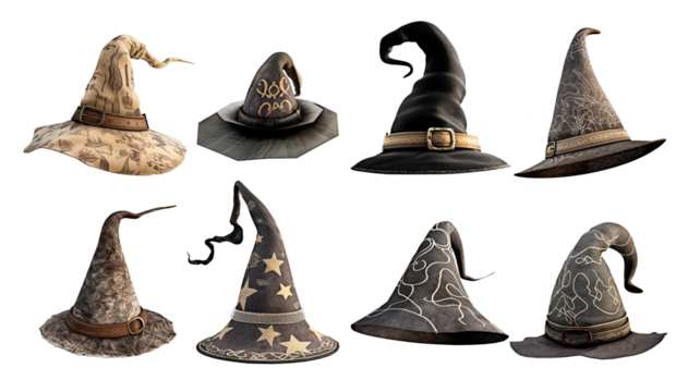 Isolated collection of witch hat with different designs for Halloween or game asset. Eccentric collection of witch hats for sorcery themes.