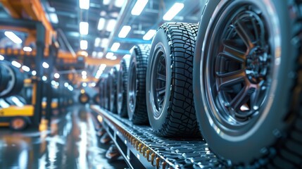 Fototapeta premium A conveyor belt in a factory is loaded with tires and wheels