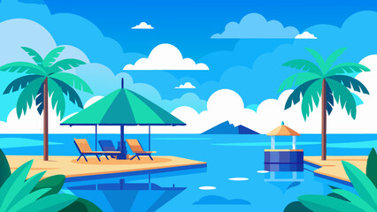 Stunning landscape with a swimming pool, blue sky, and tropical resort vibes in Maldives. Luxury travel vacation vector illustration
