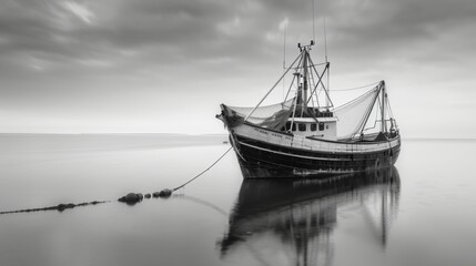 Old fishing boat with sideways extended nets on a calm sea, black and white photo, 12 mm wide angle, 16:9
