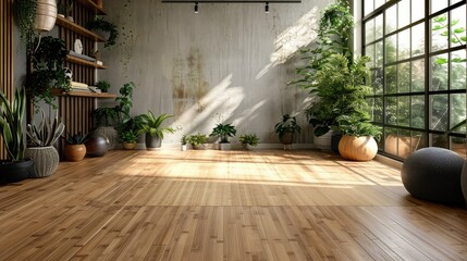 Health-focused home gym with bamboo flooring and potted plants.