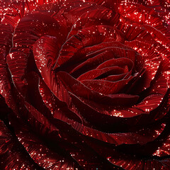 Naklejka premium Vibrant Macro Shot of an Glittery Red Rose in Full Bloom, Close-Up View of sparkly flower