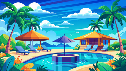 Stunning landscape with a swimming pool, blue sky, and tropical resort vibes in Maldives. Luxury travel vacation vector illustration