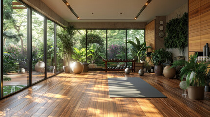 Health-focused home gym with bamboo flooring and potted plants.