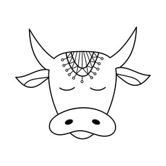 Sacred cow icon. Decorated owl head, black color icon. Indian culture. Vector illustration eps 10