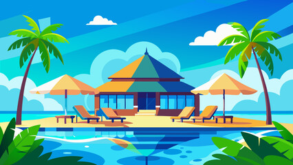 Stunning landscape with a swimming pool, blue sky, and tropical resort vibes in Maldives. Luxury travel vacation vector illustration