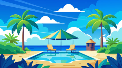 Stunning landscape with a swimming pool, blue sky, and tropical resort vibes in Maldives. Luxury travel vacation vector illustration